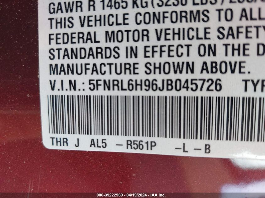 2018 Honda Odyssey Elite VIN: 5FNRL6H96JB045726 Lot: 39222969