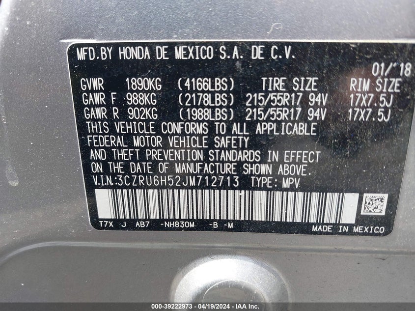 VIN 3CZRU6H52JM712713 2018 HONDA HR-V EX
