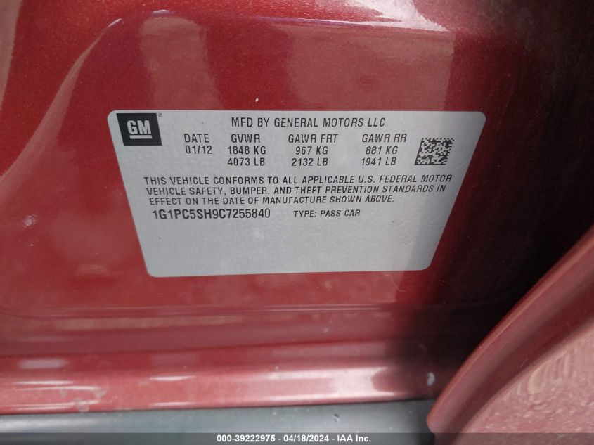 2012 Chevrolet Cruze Ls VIN: 1G1PC5SH9C7255840 Lot: 11932096