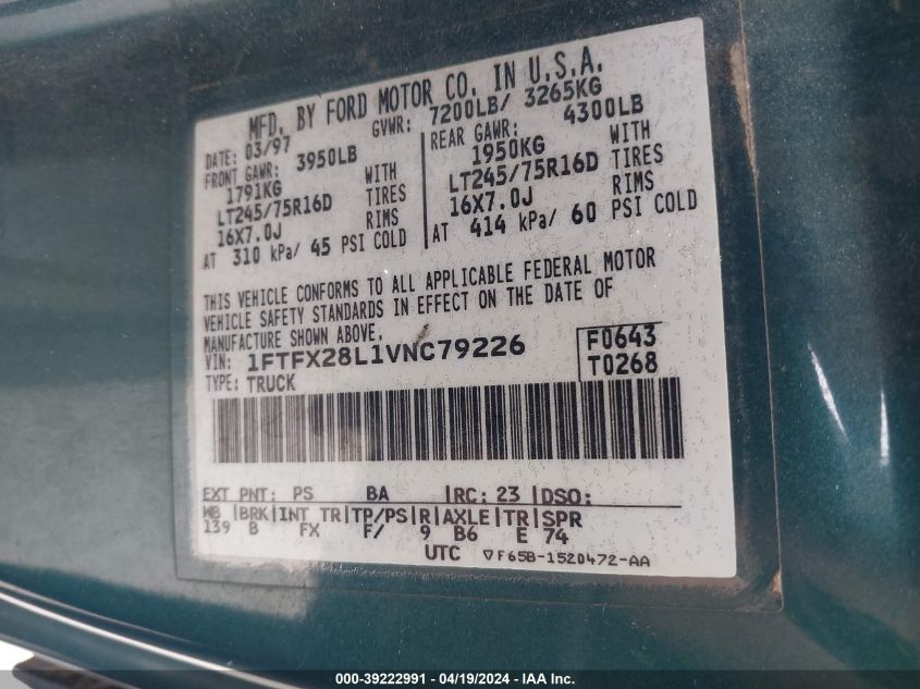 1997 Ford F-250 Lariat/Standard/Xl/Xlt VIN: 1FTFX28L1VNC79226 Lot: 39222991
