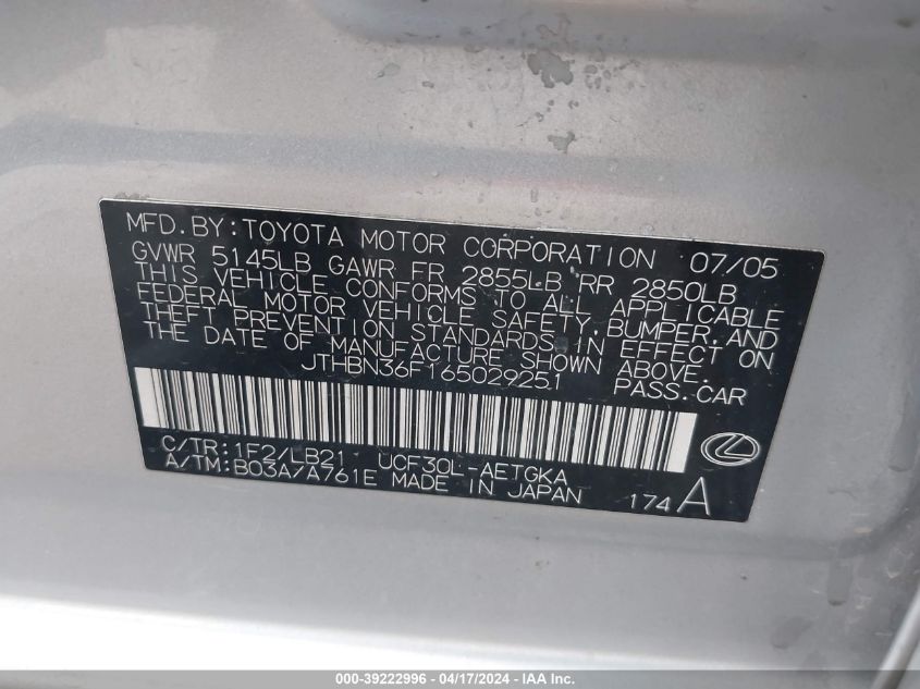 2006 Lexus Ls 430 VIN: JTHBN36F165029251 Lot: 42097284