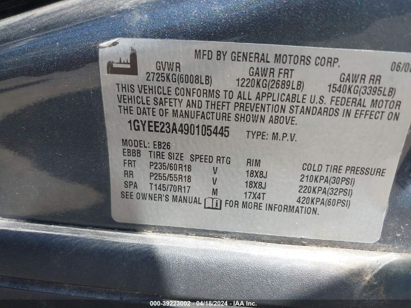 2009 Cadillac Srx V8 VIN: 1GYEE23A490105445 Lot: 39223002