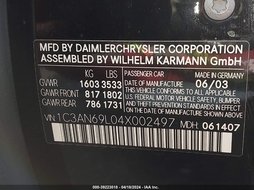 2004 Chrysler Crossfire VIN: 1C3AN69L04X002497 Lot: 39223018