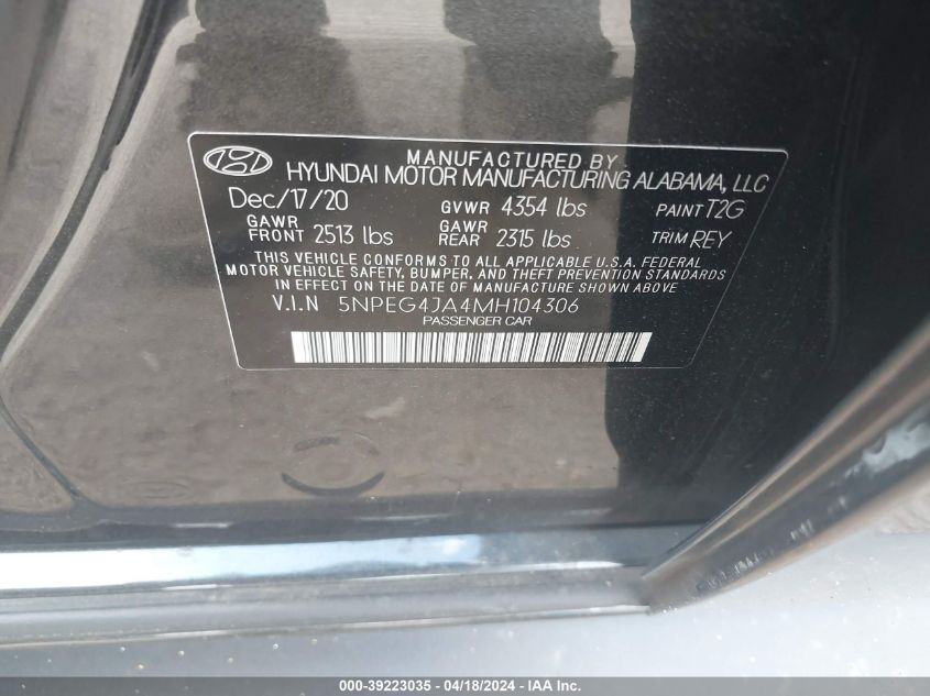 2021 Hyundai Sonata Se VIN: 5NPEG4JA4MH104306 Lot: 39223035