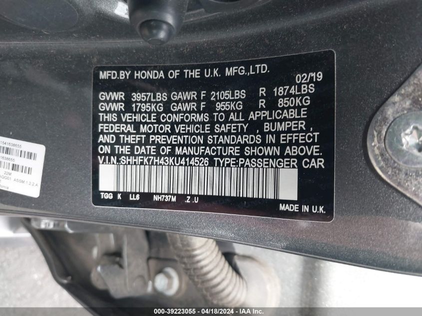 2019 Honda Civic Sport VIN: SHHFK7H43KU414526 Lot: 39223055