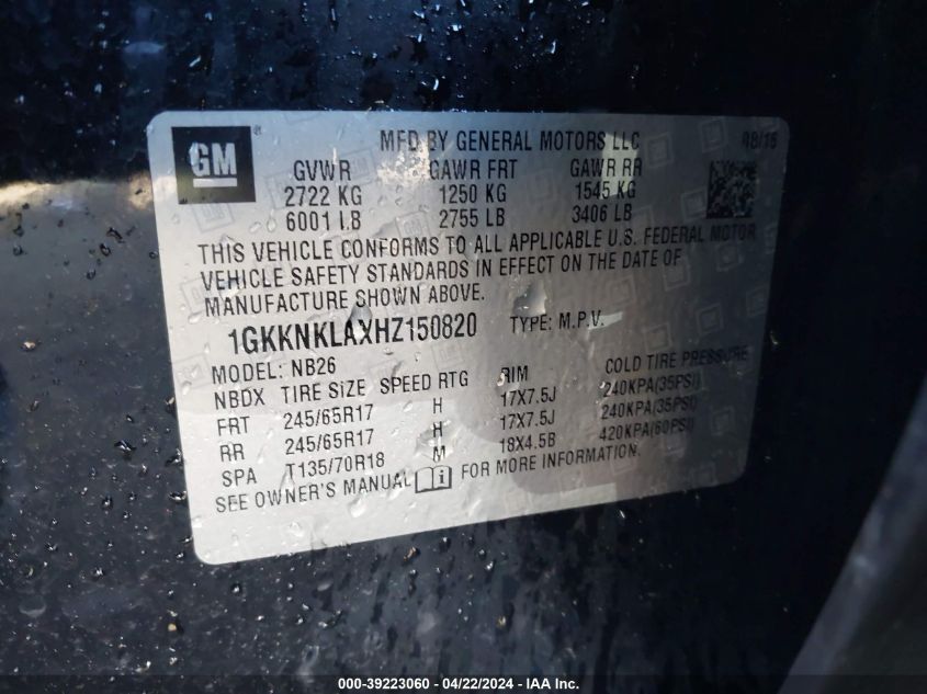 2017 GMC Acadia Sle-1 VIN: 1GKKNKLAXHZ150820 Lot: 39223060