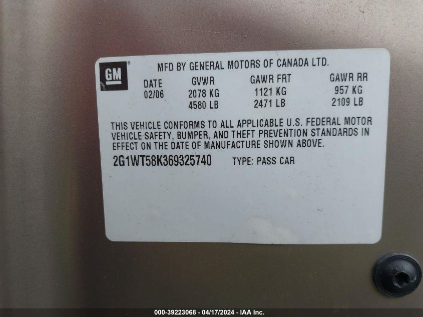 2006 Chevrolet Impala Lt VIN: 2G1WT58K369325740 Lot: 39223068