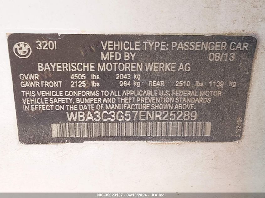 2014 BMW 320I xDrive VIN: WBA3C3G57ENR25289 Lot: 39223107