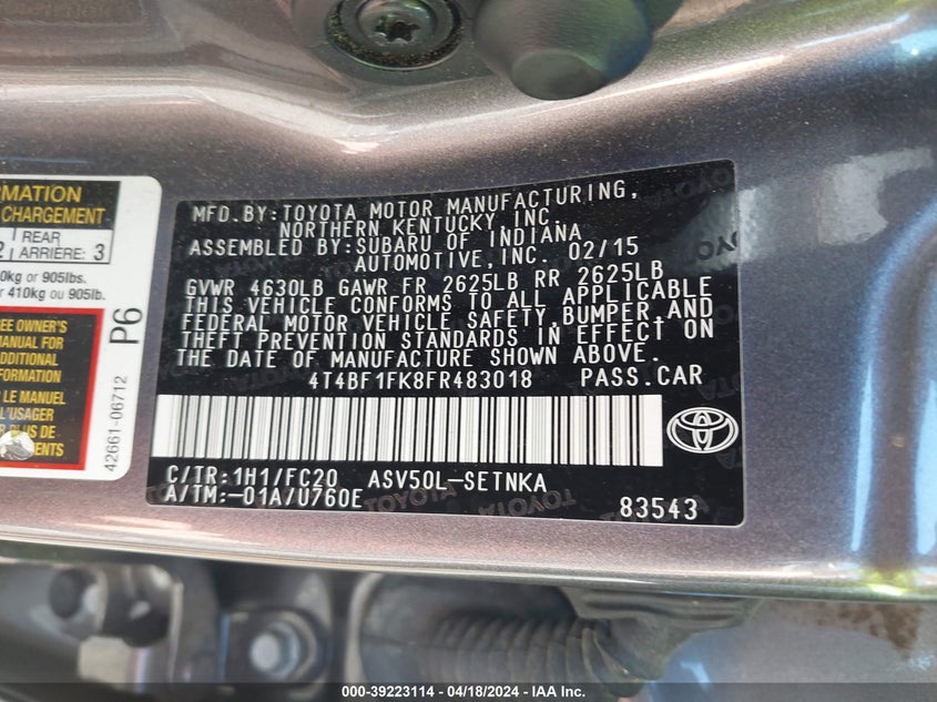 2015 Toyota Camry Le VIN: 4T4BF1FK8FR483018 Lot: 39223114