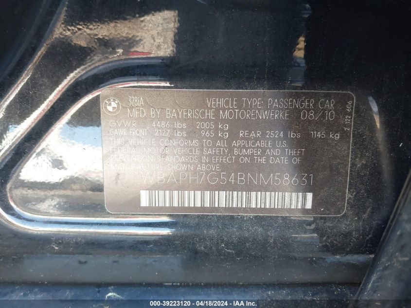 2011 BMW 328I VIN: WBAPH7G54BNM58631 Lot: 39223120