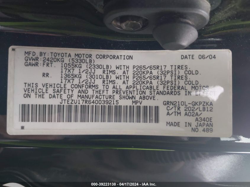 2004 Toyota 4Runner Limited V6 VIN: JTEZU17R640039215 Lot: 50420884