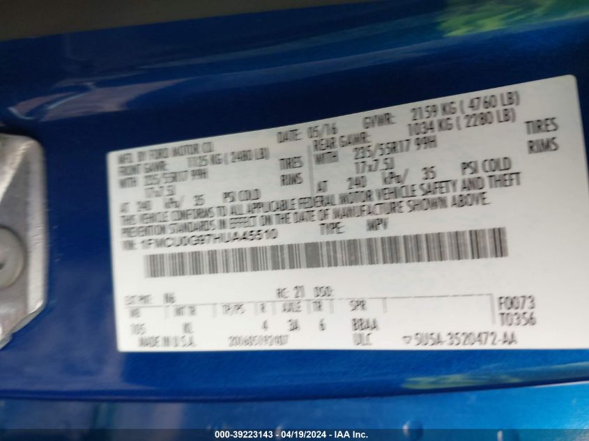 2017 Ford Escape Se VIN: 1FMCU0G97HUA45510 Lot: 39223143