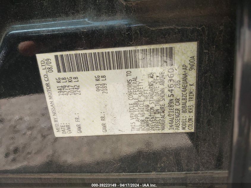 2009 Nissan Altima 2.5 S VIN: 1N4AL21E89N546360 Lot: 39236653