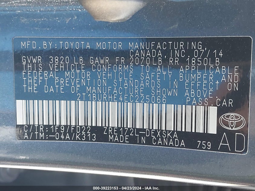 2014 TOYOTA COROLLA S PLUS - 2T1BURHE4EC225066