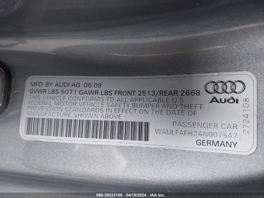 2010 Audi A5 2.0T Premium VIN: WAULFAFH2AN007547 Lot: 39223188