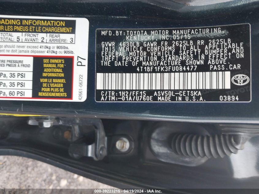 2015 Toyota Camry Se VIN: 4T1BF1FK3FU084477 Lot: 39223215