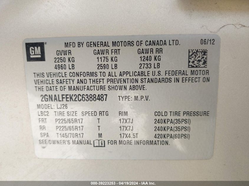 2012 Chevrolet Equinox Ltz VIN: 2GNALFEK2C6388487 Lot: 39223253