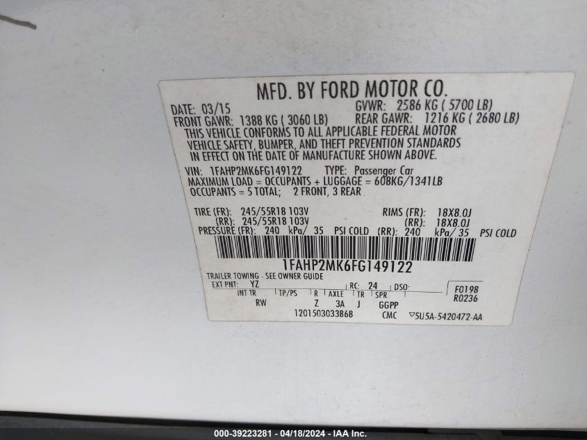 2015 Ford Police Interceptor VIN: 1FAHP2MK6FG149122 Lot: 39223281