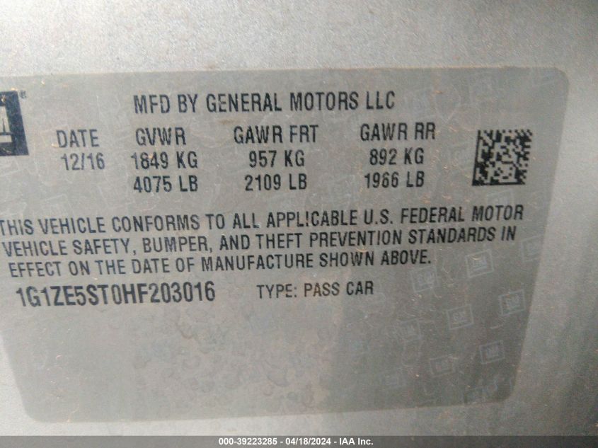 2017 Chevrolet Malibu 1Lt VIN: 1G1ZE5ST0HF203016 Lot: 39223285