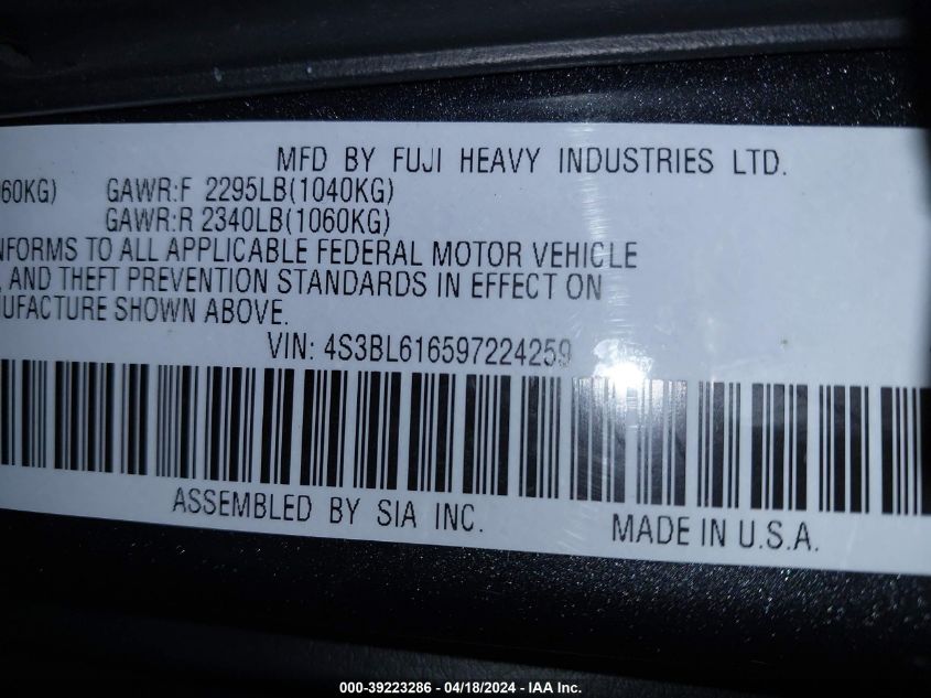 2009 Subaru Legacy 2.5I VIN: 4S3BL616597224259 Lot: 39223286