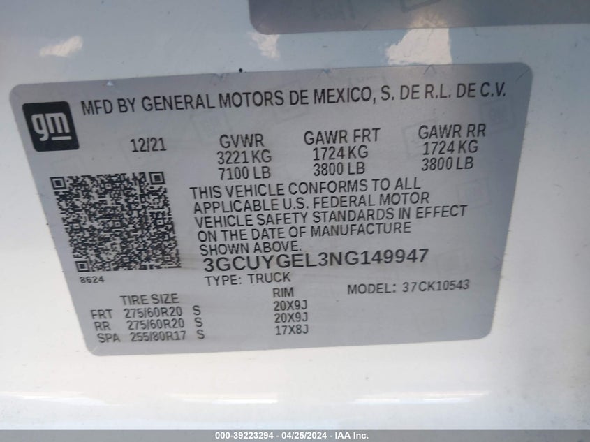 2022 CHEVROLET SILVERADO 1500 LTD 4WD  SHORT BED LTZ - 3GCUYGEL3NG149947