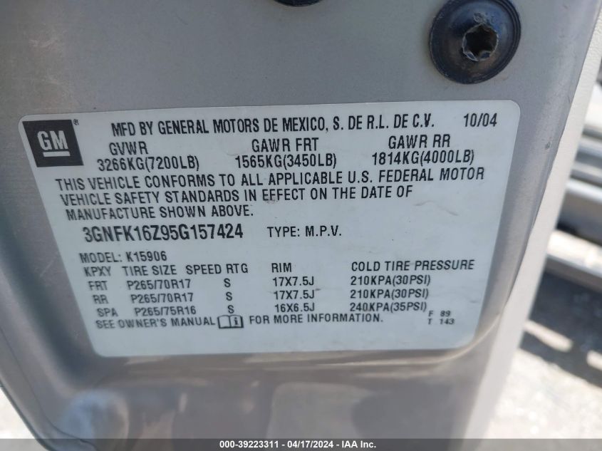 2005 Chevrolet Suburban 1500 Z71 VIN: 3GNFK16Z95G157424 Lot: 48711184