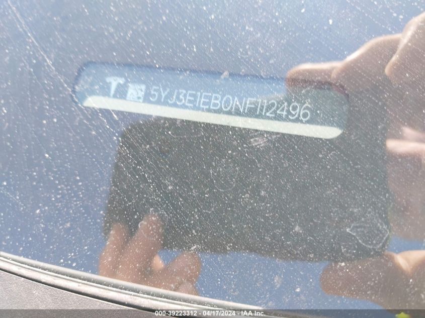 2022 Tesla Model 3 Long Range Dual Motor All-Wheel Drive VIN: 5YJ3E1EB0NF112496 Lot: 39223312