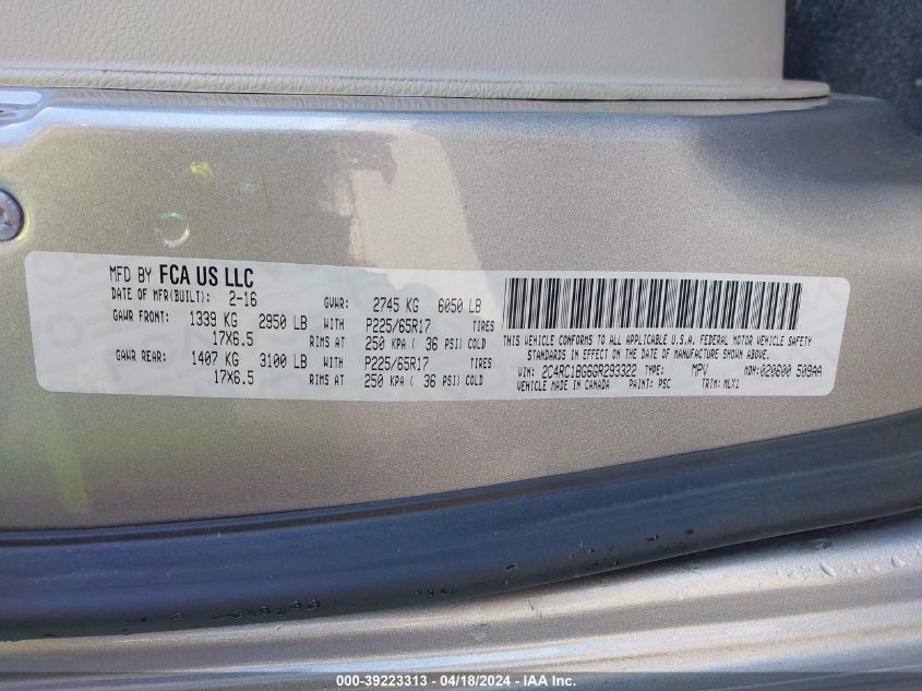 2016 Chrysler Town & Country Touring VIN: 2C4RC1BG6GR293322 Lot: 39223313