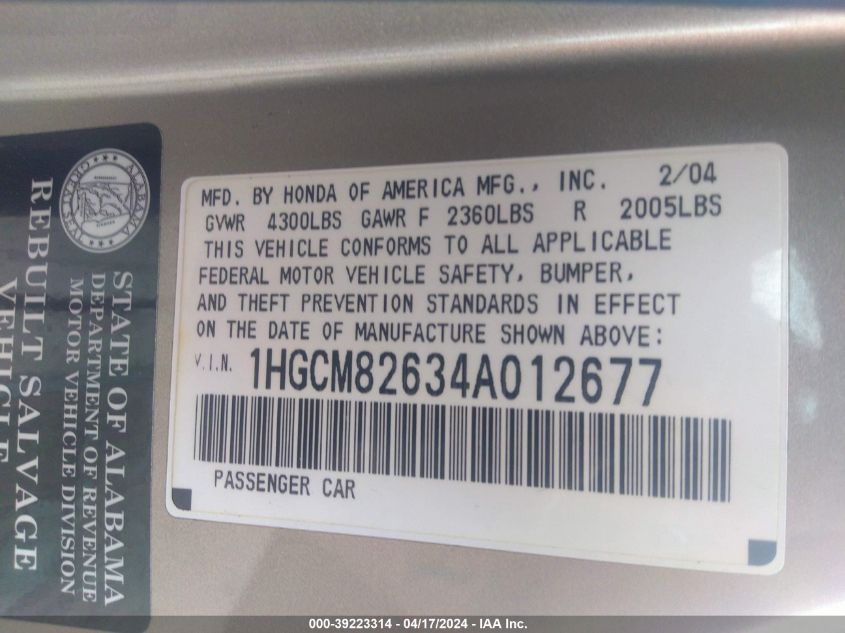 2004 Honda Accord 3.0 Ex VIN: 1HGCM82634A012677 Lot: 39223314