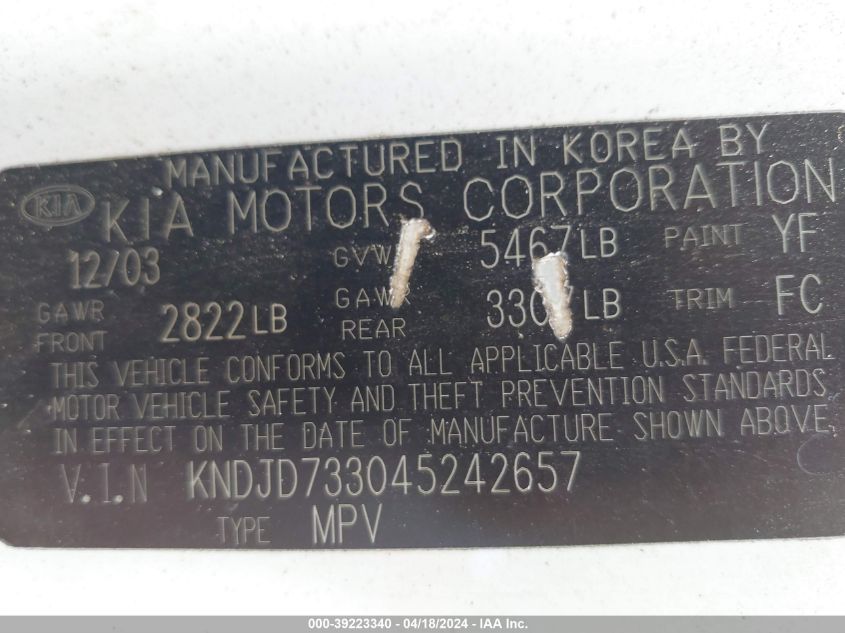 2004 Kia Sorento Ex/Lx VIN: KNDJD733045242657 Lot: 39223340