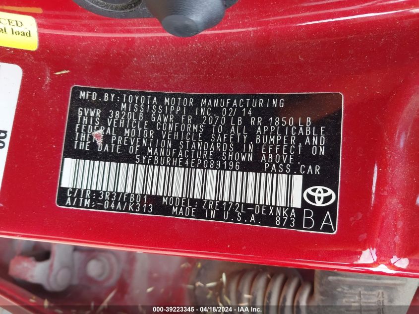 2014 Toyota Corolla Le VIN: 5YFBURHE4EP089196 Lot: 39223345