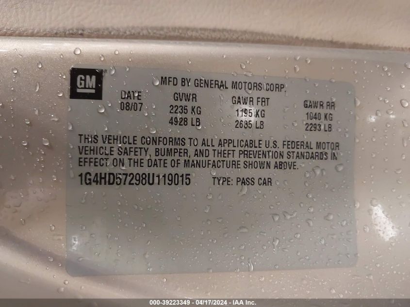 2008 Buick Lucerne Cxl VIN: 1G4HD57298U119015 Lot: 39223349