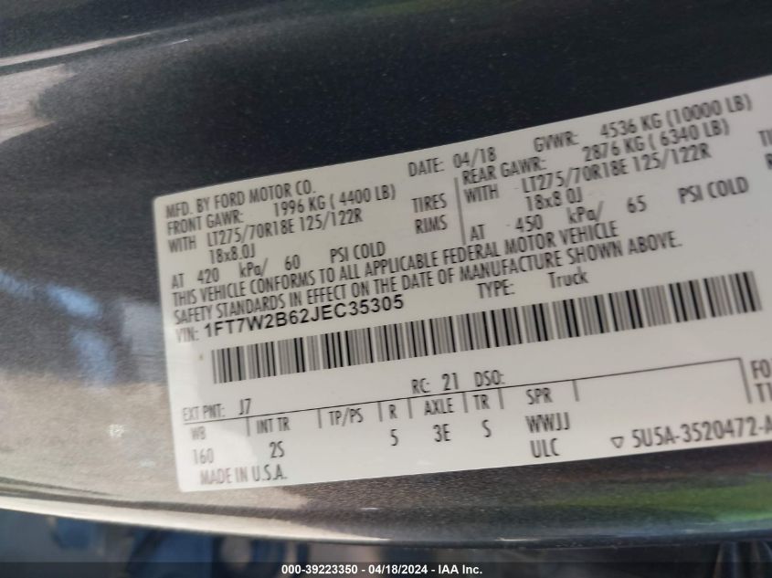 2018 Ford F-250 Xlt VIN: 1FT7W2B62JEC35305 Lot: 39223350