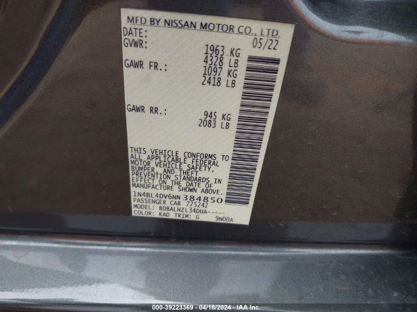 2022 Nissan Altima Sv Fwd VIN: 1N4BL4DV6NN384850 Lot: 39223369