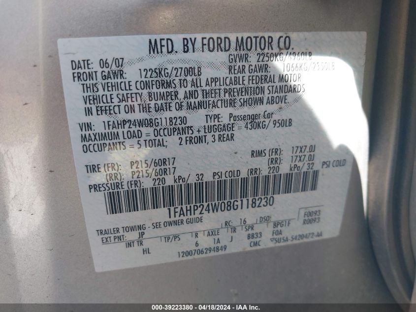 2008 Ford Taurus Sel VIN: 1FAHP24W08G118230 Lot: 39223380