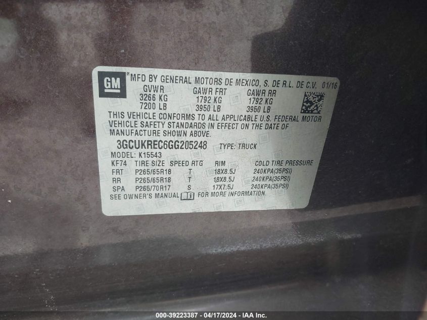2016 Chevrolet Silverado 1500 2Lt VIN: 3GCUKREC6GG205248 Lot: 39223387