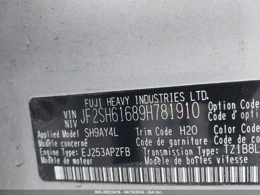 2009 Subaru Forester 2.5X VIN: JF2SH61689H781910 Lot: 39223416