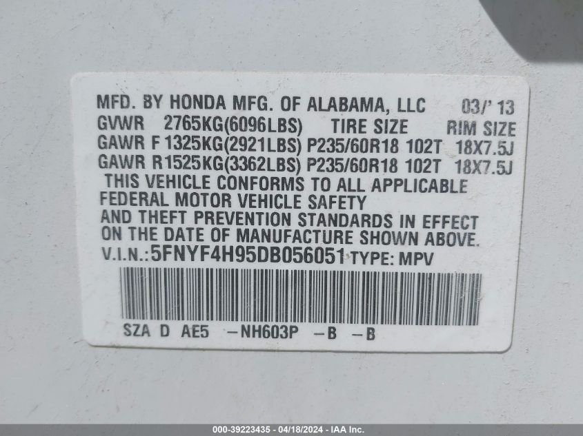 2013 Honda Pilot Touring VIN: 5FNYF4H95DB056051 Lot: 39223435