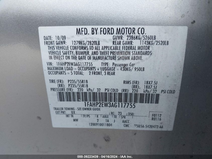 1FAHP2EW3AG117755 | 2010 FORD TAURUS