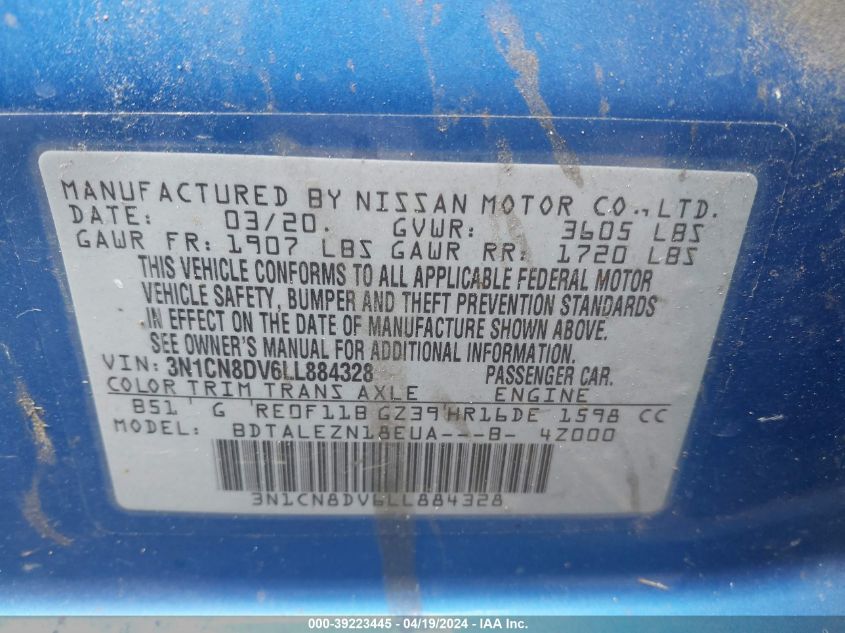 2020 Nissan Versa S Xtronic Cvt VIN: 3N1CN8DV6LL884328 Lot: 39223445