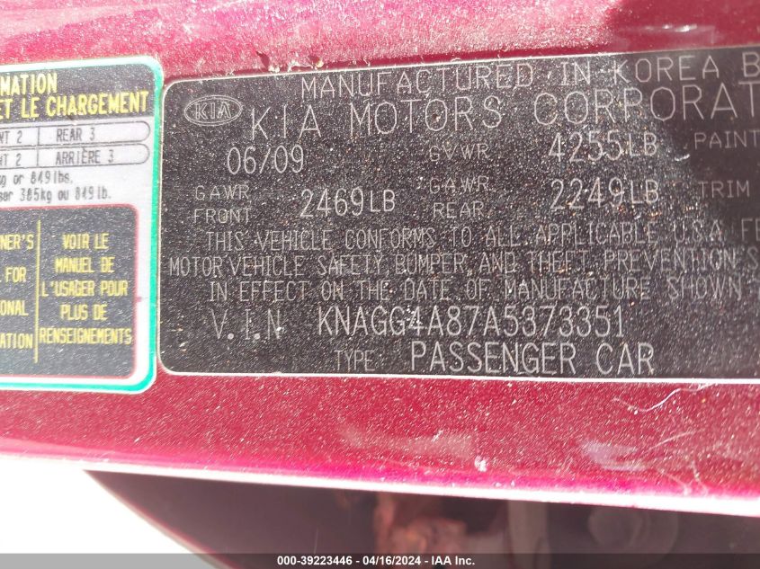 KNAGG4A87A5373351 | 2010 KIA OPTIMA