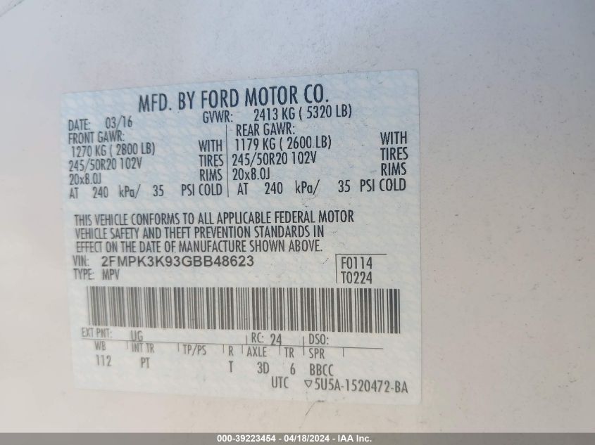 2016 Ford Edge Titanium VIN: 2FMPK3K93GBB48623 Lot: 39223454