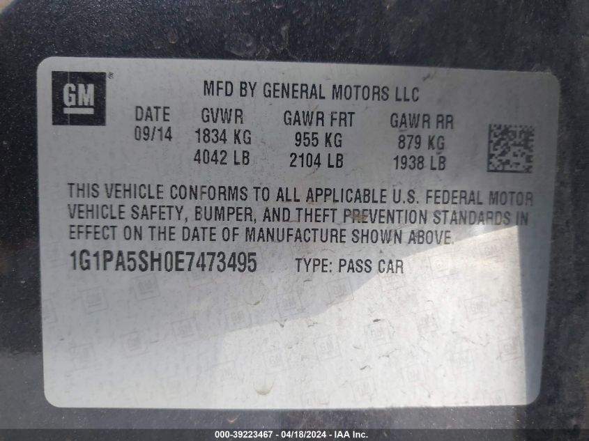 2014 Chevrolet Cruze Ls Auto VIN: 1G1PA5SH0E7473495 Lot: 39223467