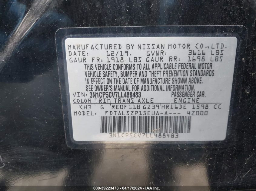 2020 Nissan Kicks Sv Xtronic Cvt VIN: 3N1CP5CV7LL488483 Lot: 39223478