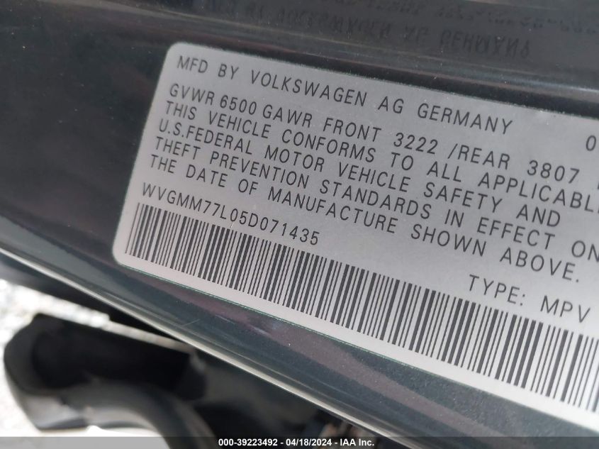 2005 Volkswagen Touareg V8 VIN: WVGMM77L05D071435 Lot: 39223492