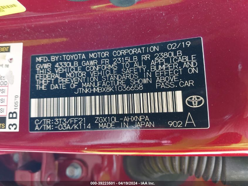 2019 Toyota C-Hr Xle VIN: JTNKHMBX8K1036658 Lot: 39223501