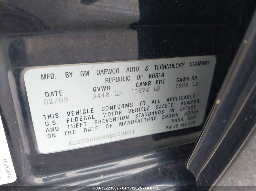 2009 Pontiac G3 VIN: KL2TD66E99B663661 Lot: 47553684
