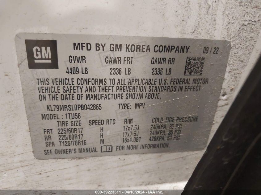 2023 Chevrolet Trailblazer Awd Lt VIN: KL79MRSL0PB042865 Lot: 39223511