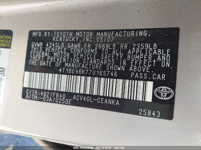 2007 Toyota Camry Le VIN: 4T1BE46K77U165746 Lot: 39223529