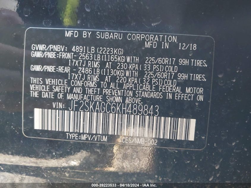 2019 Subaru Forester Premium VIN: JF2SKAGC6KH489843 Lot: 39240079
